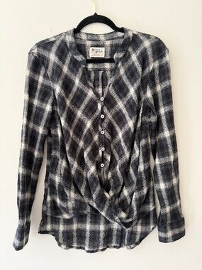 Holding Horses Black Gauzy Plaid Twist Front Button Long Sleeve Anthropologie